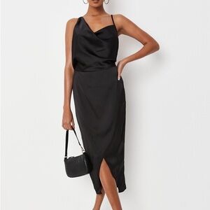 Black Satin Drape Asymmetric Strap Midi Dress | Size 8